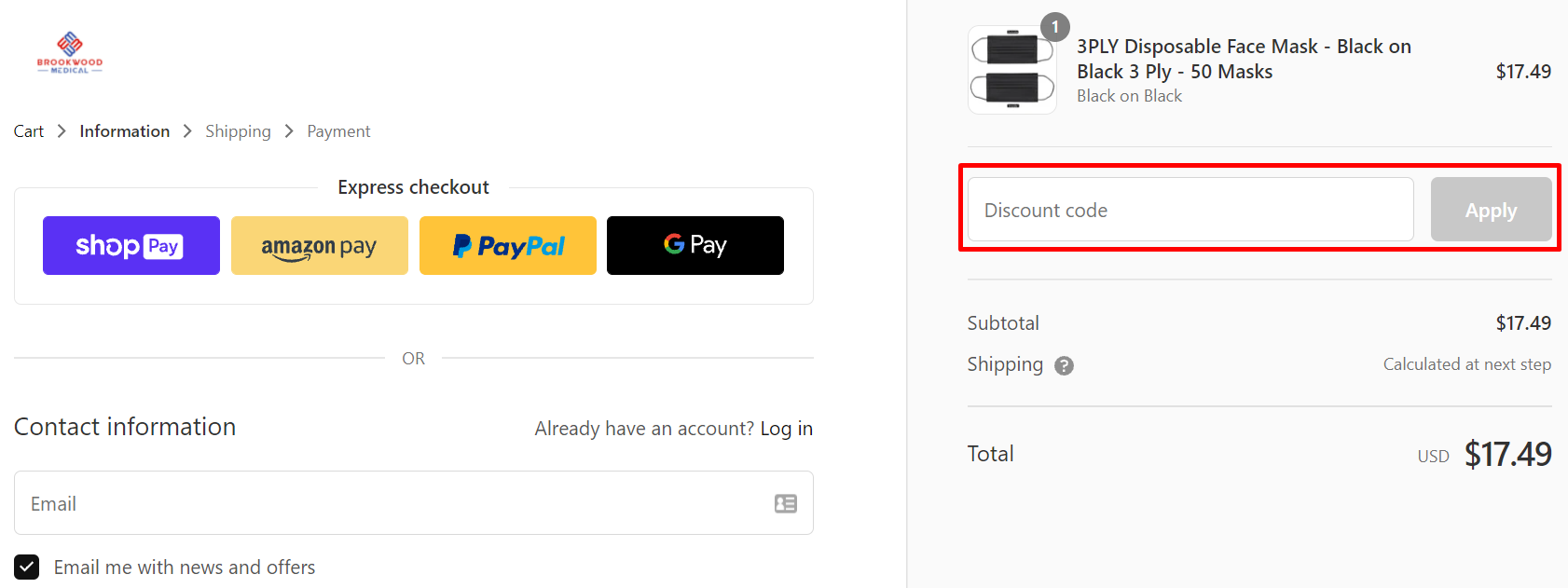 How do I use my Brookwood Medical discount code?