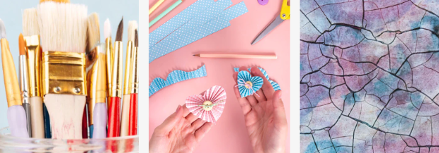brushes, paper crafts, decorations on a white background