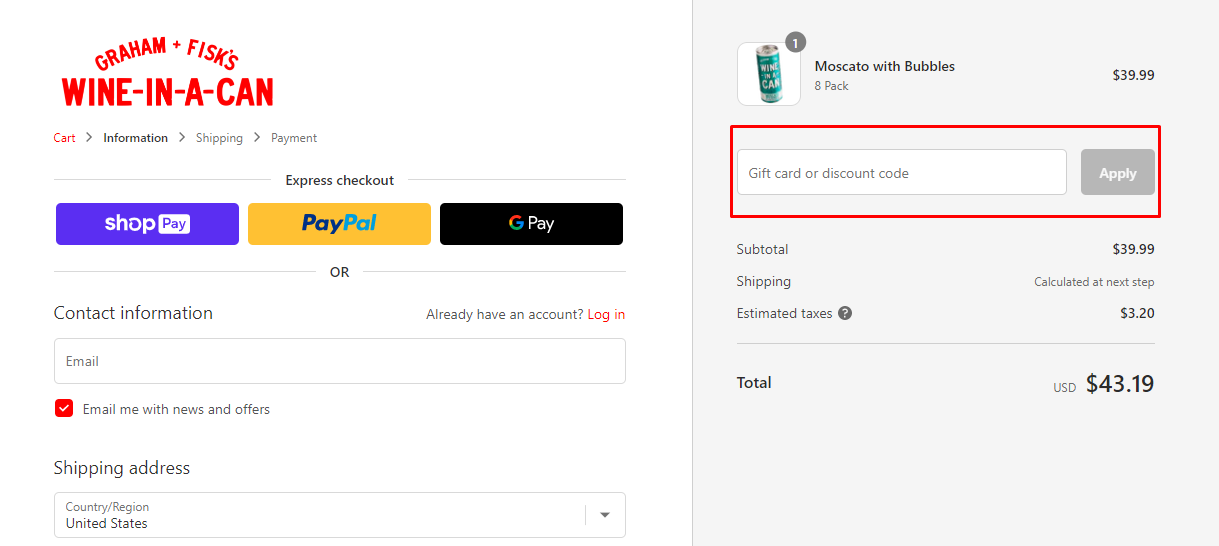 How do I use my GRAHAM + FISK'S WINE-IN-A-CAN discount code?