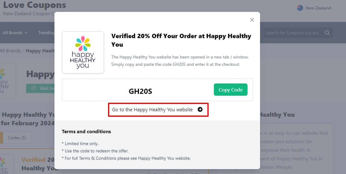 A box displayed on a white background of a Happy Healthy You promo code with the message ‘Go to the Happy Healthy You website’