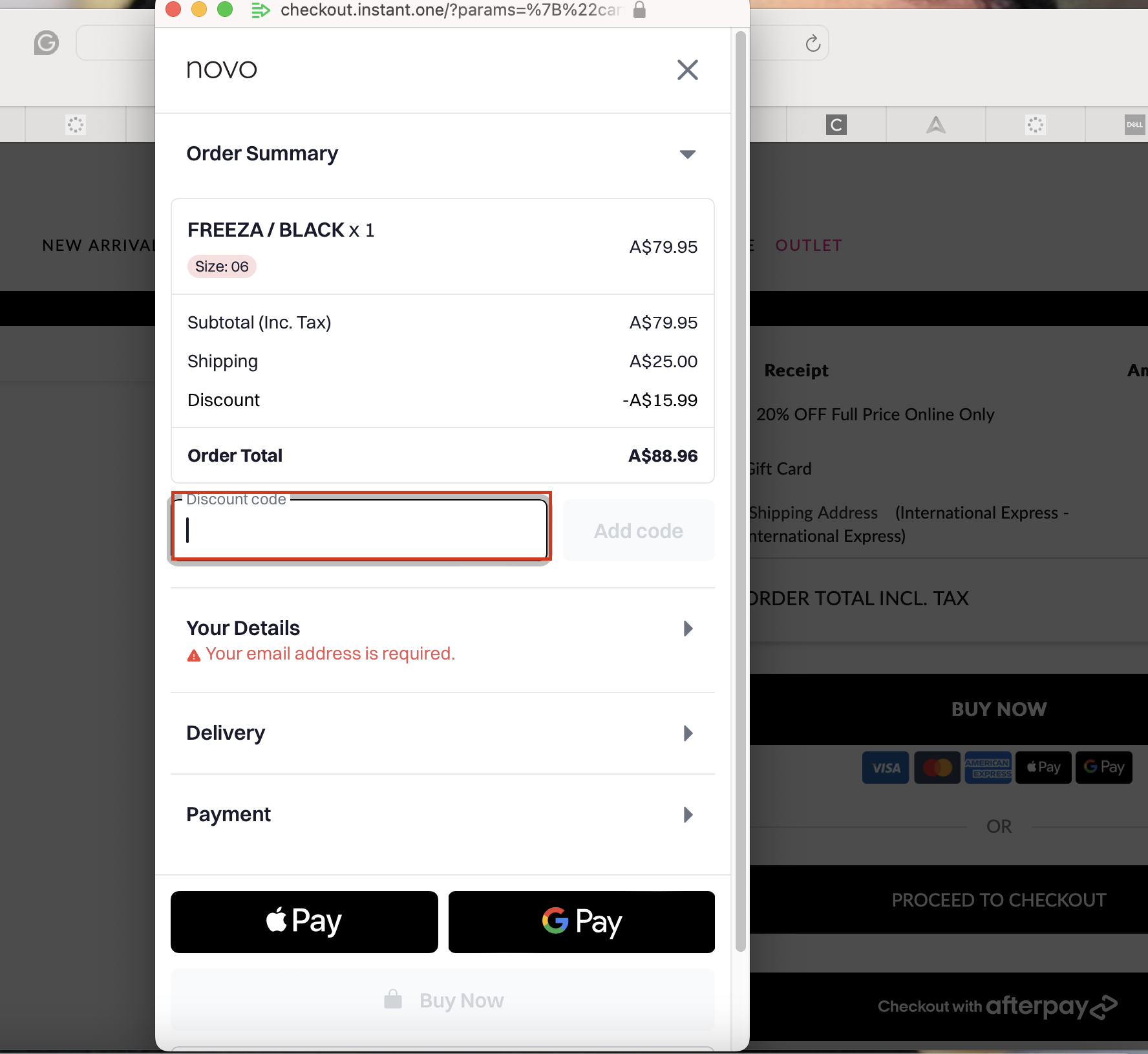 The highlighted red box at the brand checkout is showing where to add the Novo Shoes voucher code.
