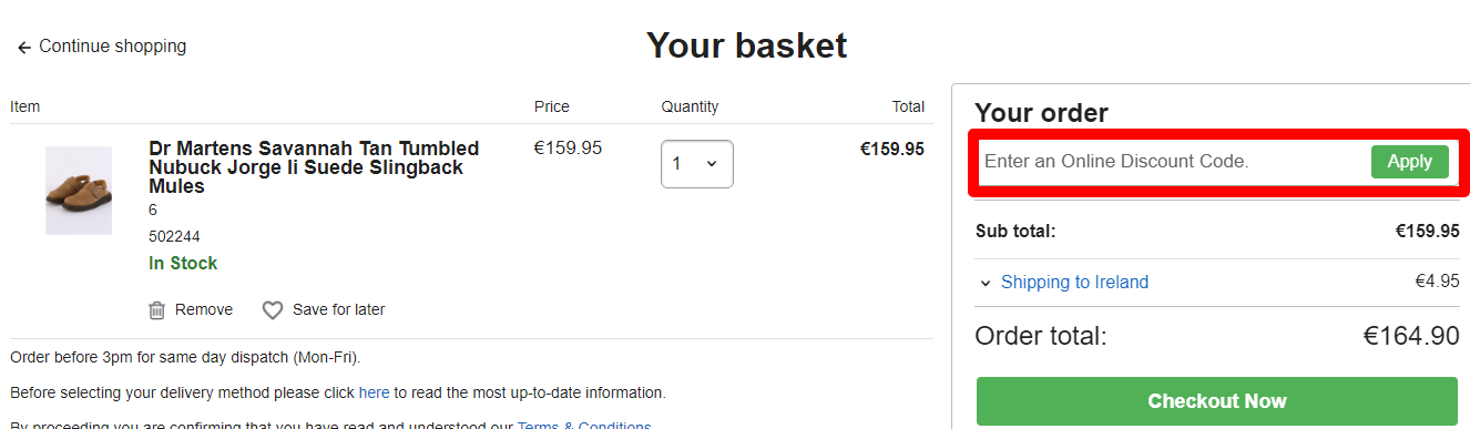The brand checkout page with where to add the DV8 discount code is highlighted with a red box