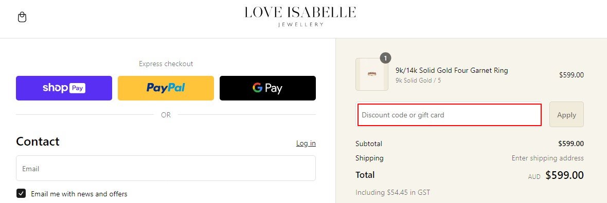 The highlighted red box at the brand checkout page is showing where to add the Love Isabelle Jewellery discount code.