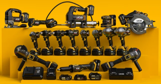 JCB power tools displayed on a yellow background