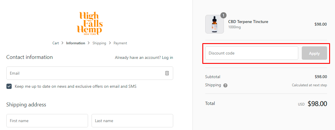 How do I use my High Falls Hemp discount code?