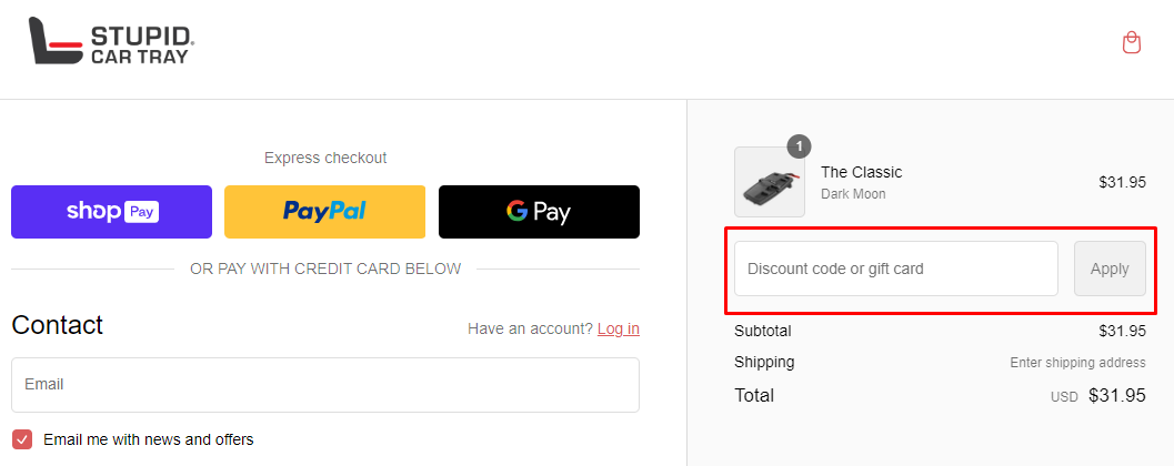 How do I use my Stupid Car Tray discount code?