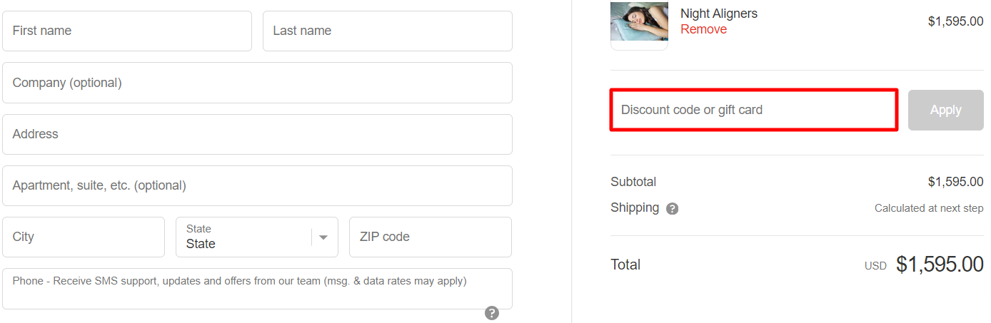 The brand checkout page with where to add the NewSmile promo code highlighted with a red box