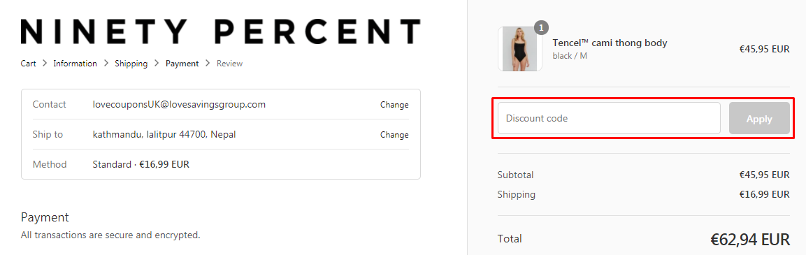 How do I use my NinetyPercent discount code?