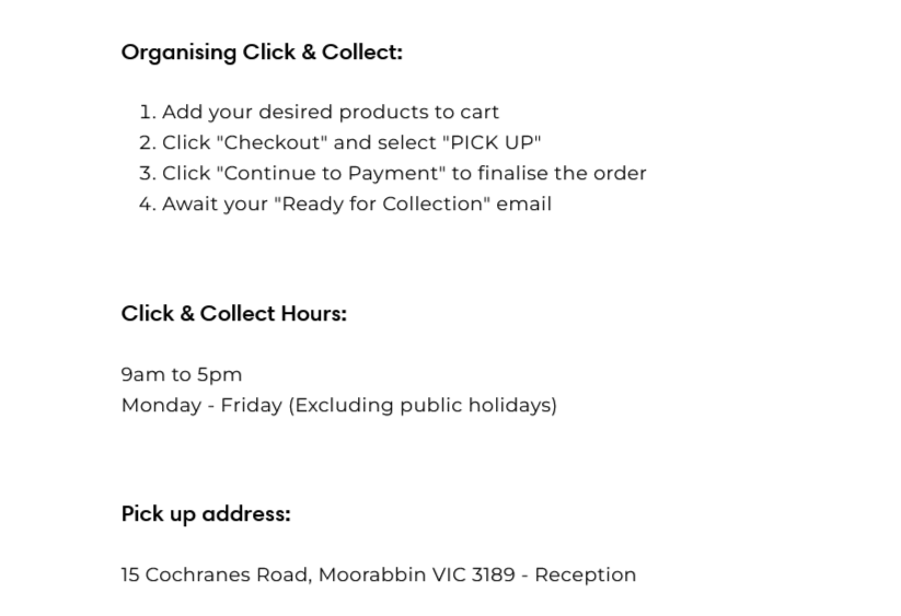 White background written Click and collect with instructions on how to click and where to collect.
