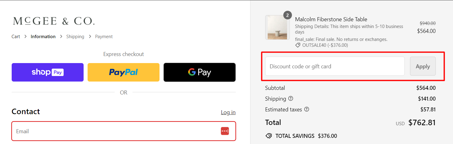 How do I use my McGee & Co coupon code?
