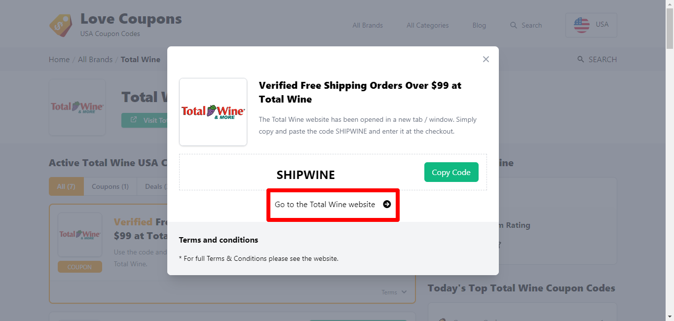 box hovering over a darkened background with a Total Wine promo code and the “terms and conditions”