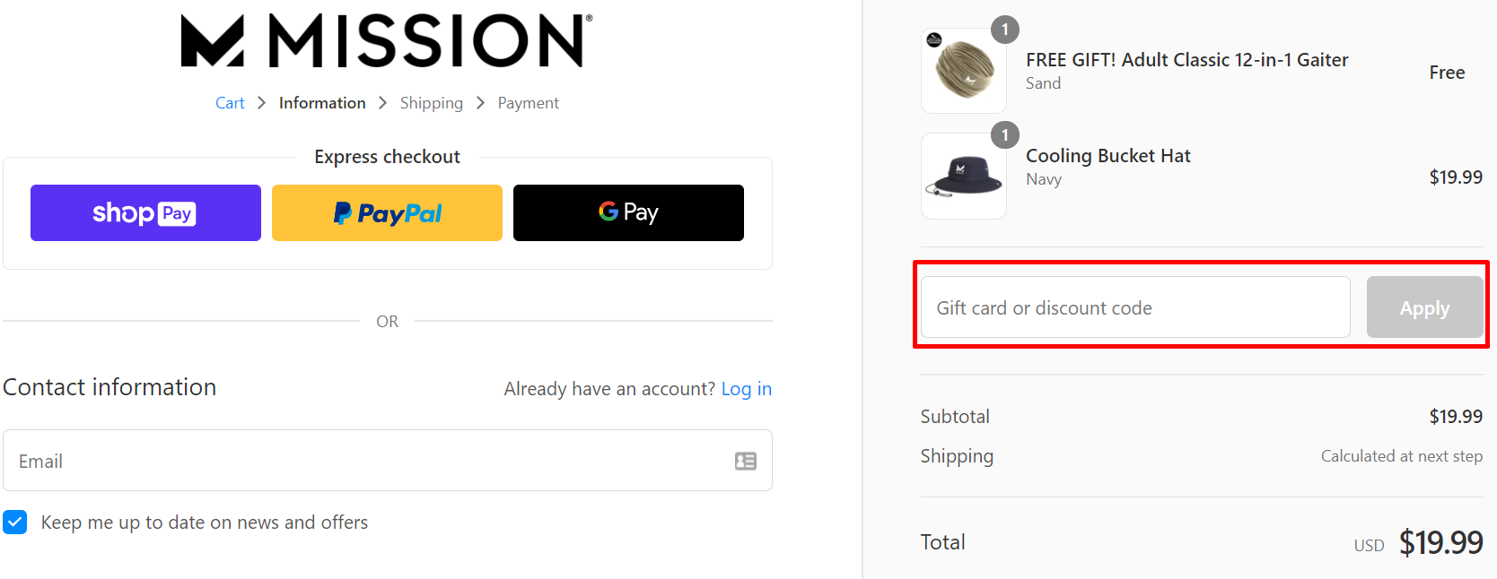 How do I use my Mission discount code?