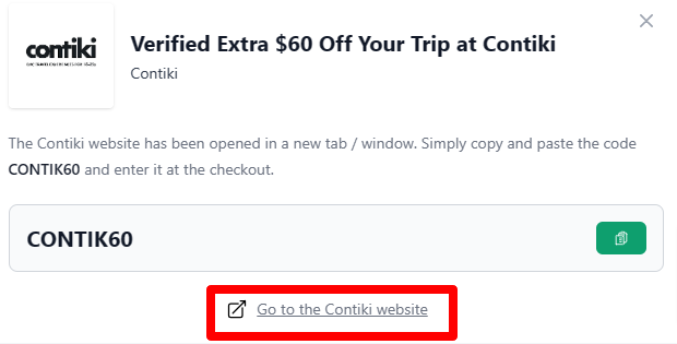 box with the terms and conditions mentioned, lingering over the Contiki discount code.