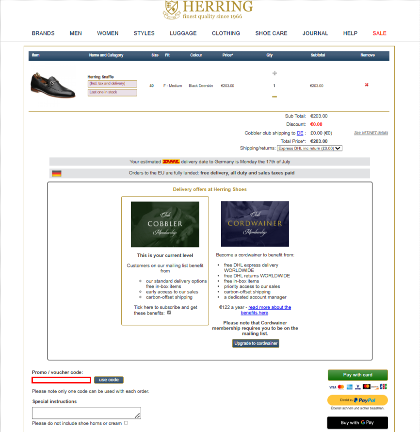 Die Kassen-Seite von Herring Shoes mit rotmarkierten Stelle für den Herring Shoes Rabattcode