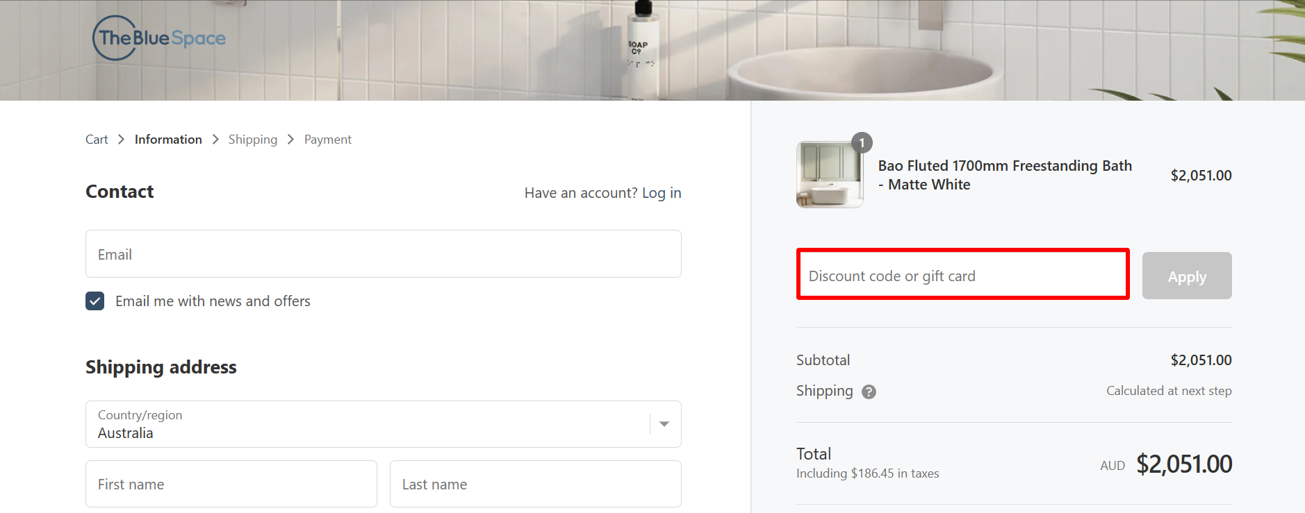 The highlighted red box at the brand checkout page is showing where to add the The Blue Space discount code.