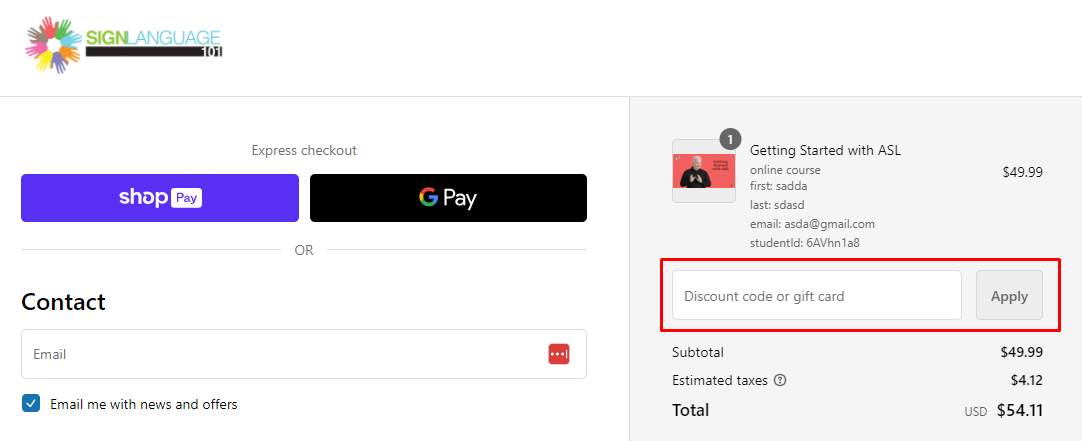 How do I use my Sign Language 101 discount code?