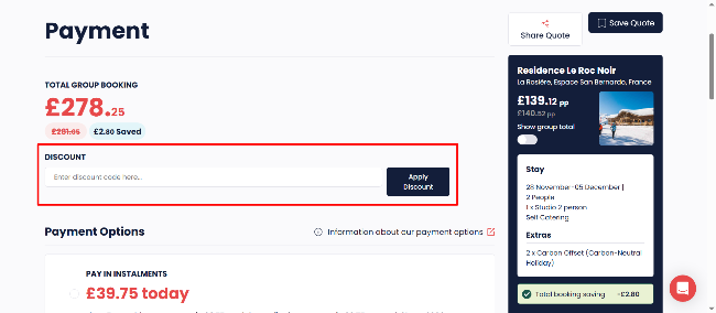 {brant} payment section with details of the ski booking