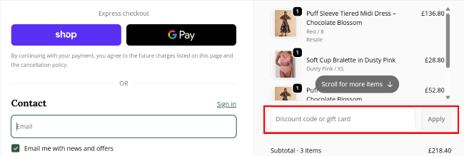 For The Creators checkout page with an overview of the items for customers