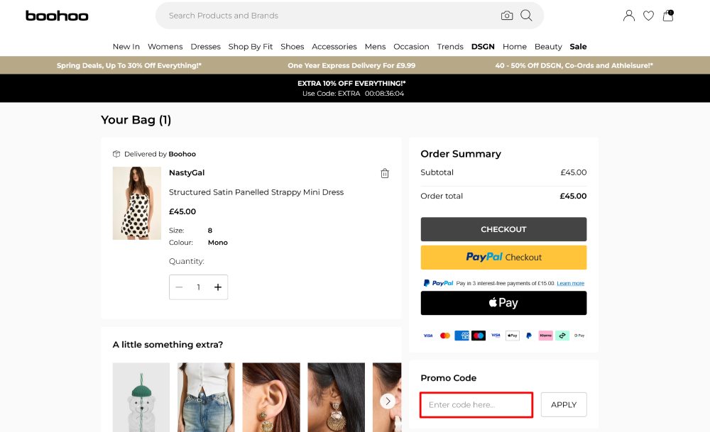 The checkout page showing where to apply your boohoo discount code