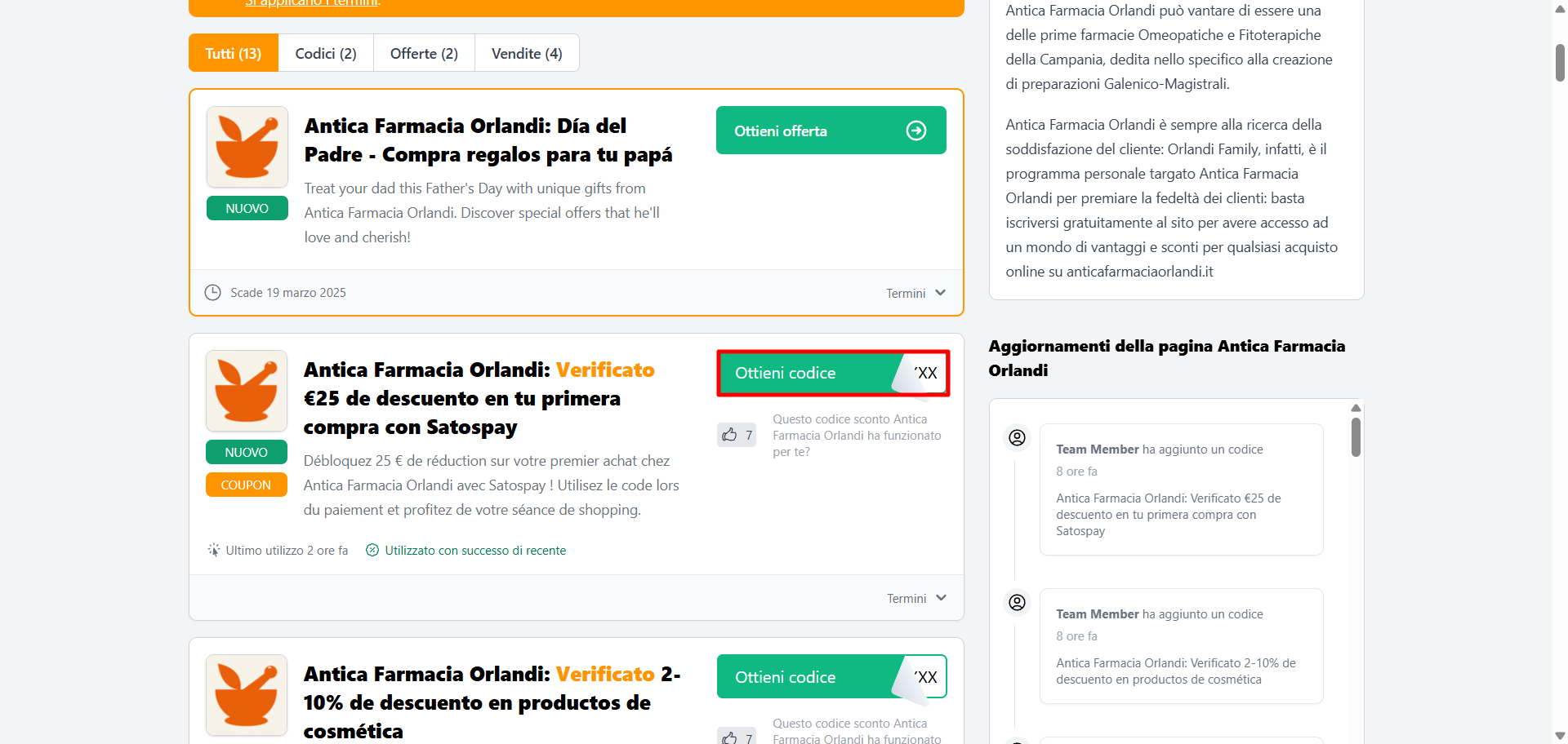 lista di codici in cui é possibile prelevare un codice sconto Antica Farmacia Orlandi per poter risparmiare sui farmaci