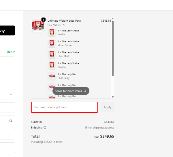 The Lady Shake checkout image with items in the cart and a visible red box around the discount code box