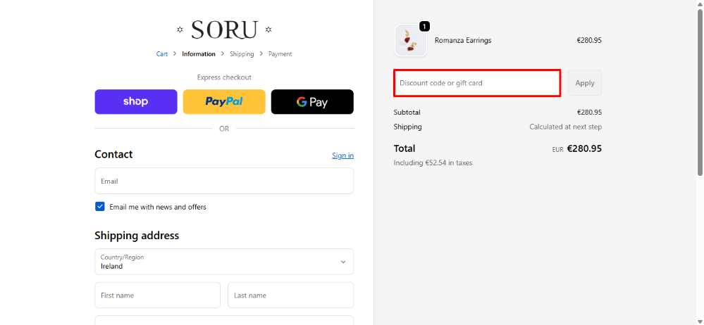 Soru Jewellery checkout where you can apply your Soru Jewellery discount code to the order