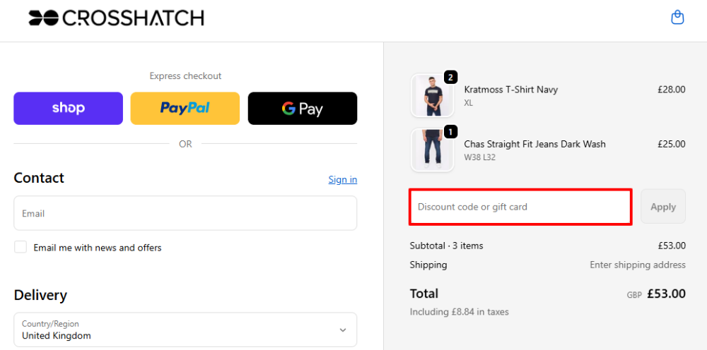 The Crosshatch checkout page with where to paste the Crosshatch voucher code in a red box