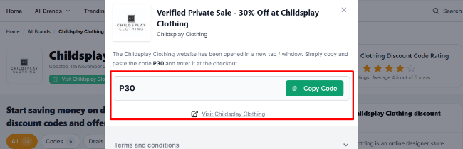 The highlighted red box shows the link that takes you to the Childsplay Clothing website