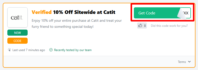 A Catit voucher code with "Get Code" circled in a red box.