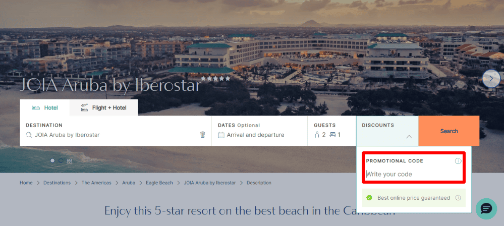 The Iberostar discount code box highlighted with a red box on their checkout page