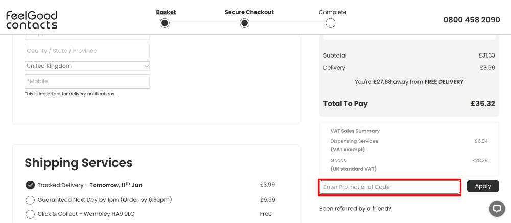 The checkout page shows where to apply your Feel Good Contacts discount code