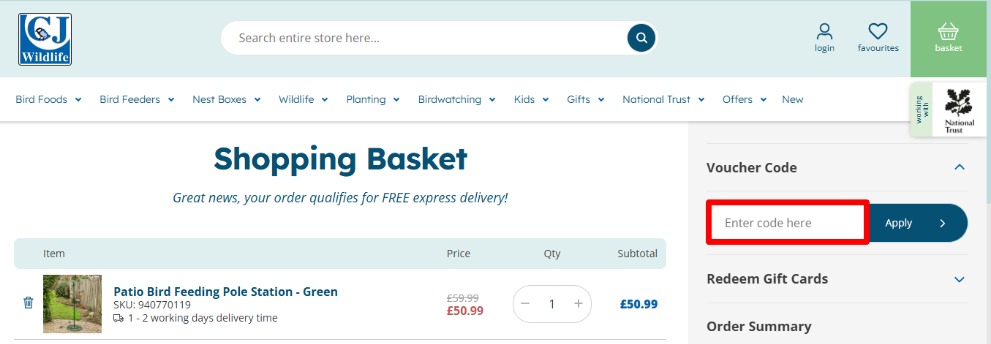 Shopping basket where you can apply your CJ Wildlife voucher code