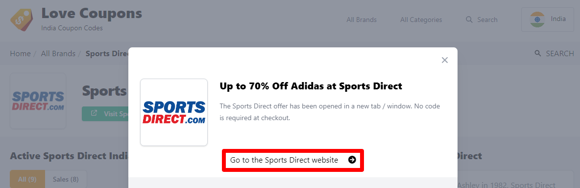 Box displayed on a darkened background of a Sports Direct discount code with the terms and conditions showing