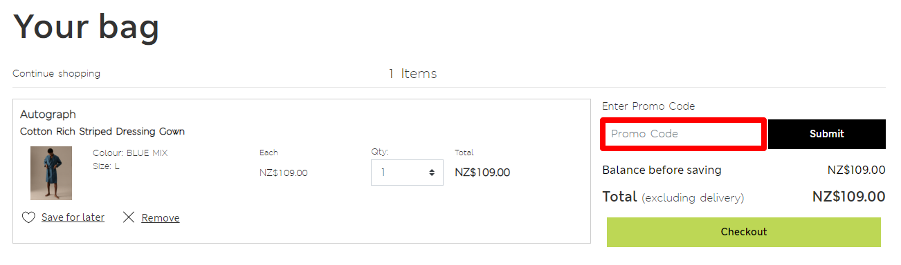 Marks & Spencer checkout summary page, displaying cart items, cart total and the Marks & Spencer discount code box highlighted with a red border box