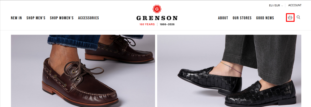 The Grenson homepage and shopping categories.