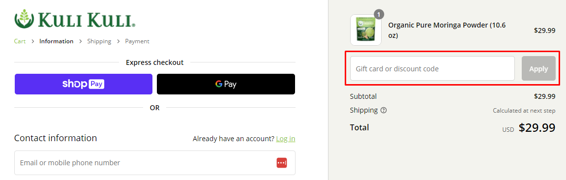 How do I use my Kuli Kuli discount code?