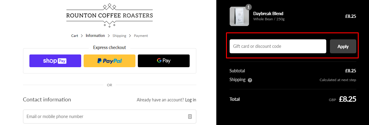How do I use my Rounton Coffee Roasters discount code?