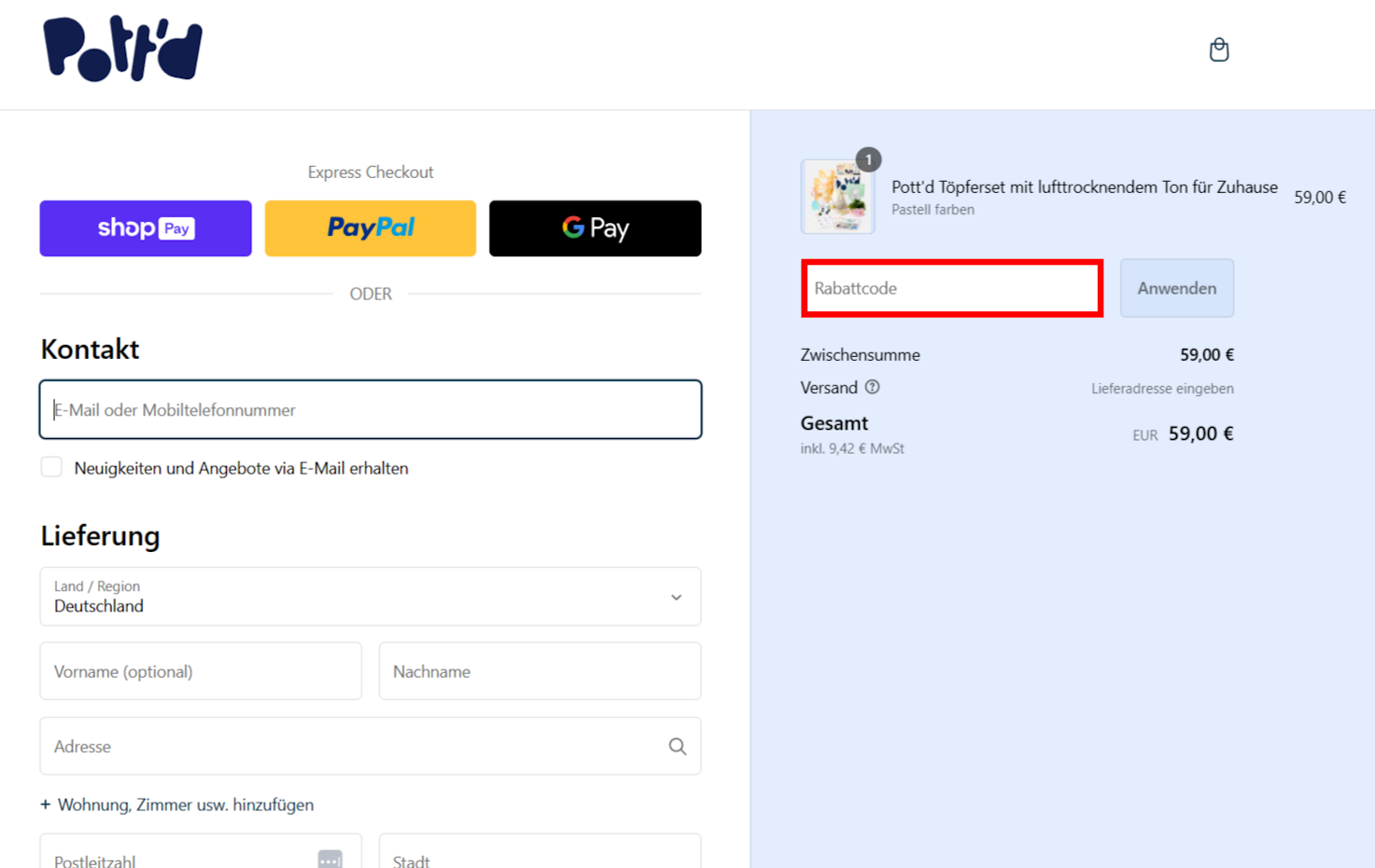 Der Checkout von Pott'd mit rotmarkierter Stelle für den Pott'd Gutscheincode