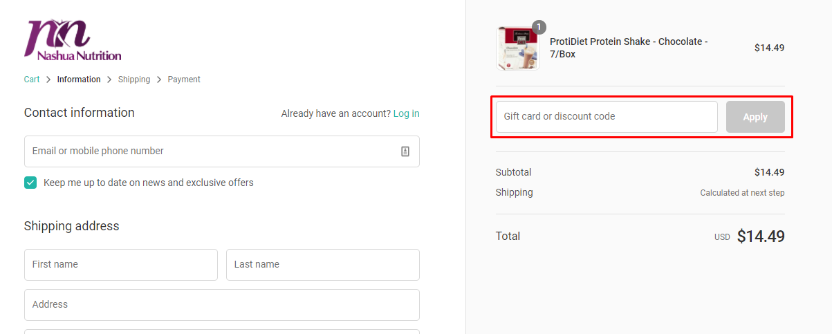 How do I use my Nashua Nutrition discount code?