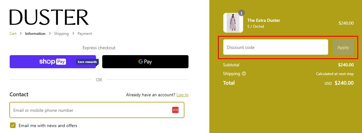 How do I use my Duster discount code?