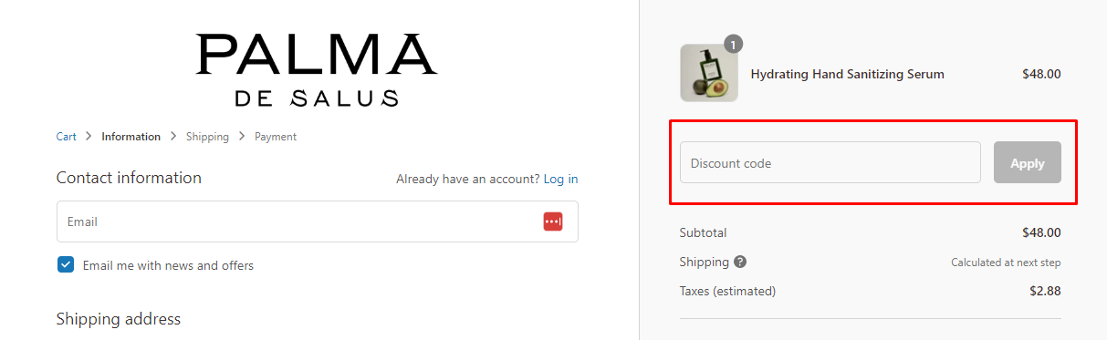 How do I use my Palma de Salus discount code?