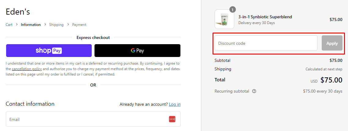 How do I use my Eden's discount code?