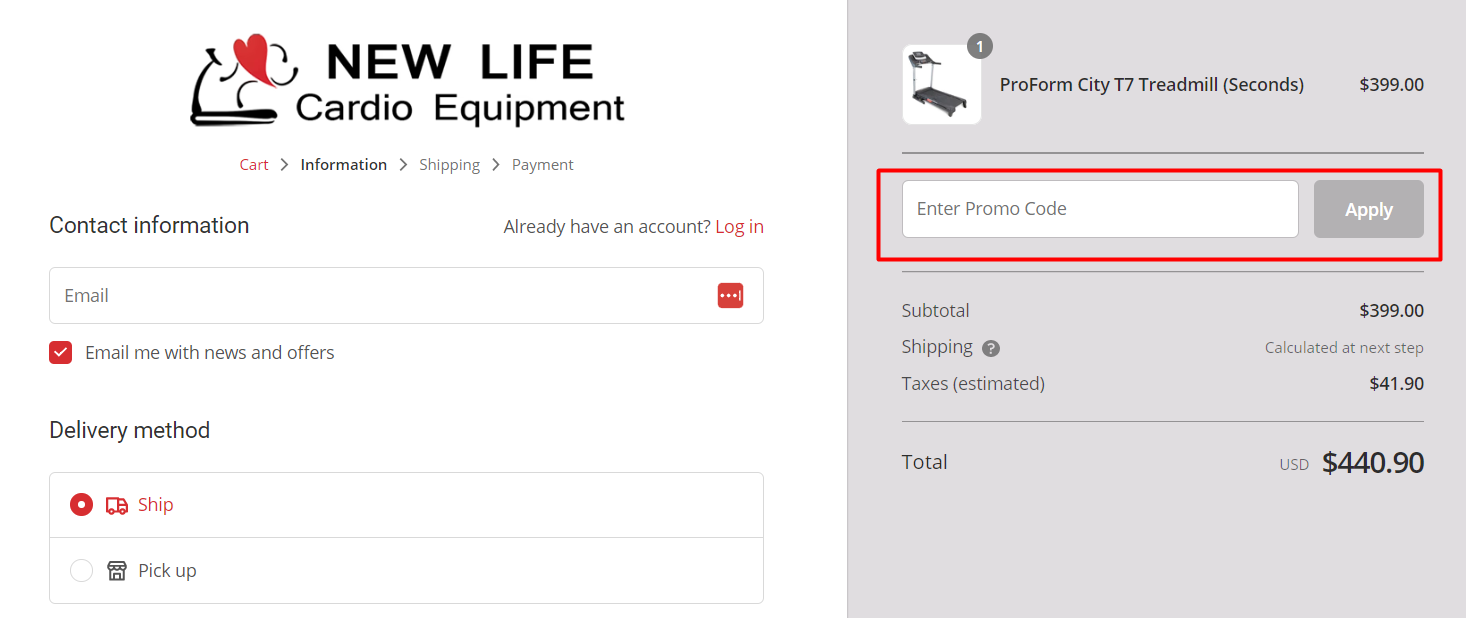 How do I use my New Life Cardio Equipment promo code?