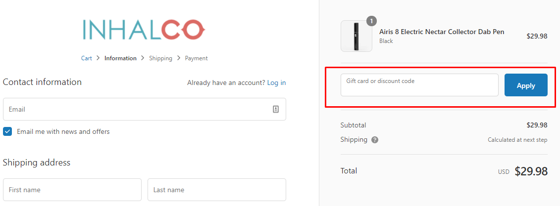 How do I use my INHALCO discount code?