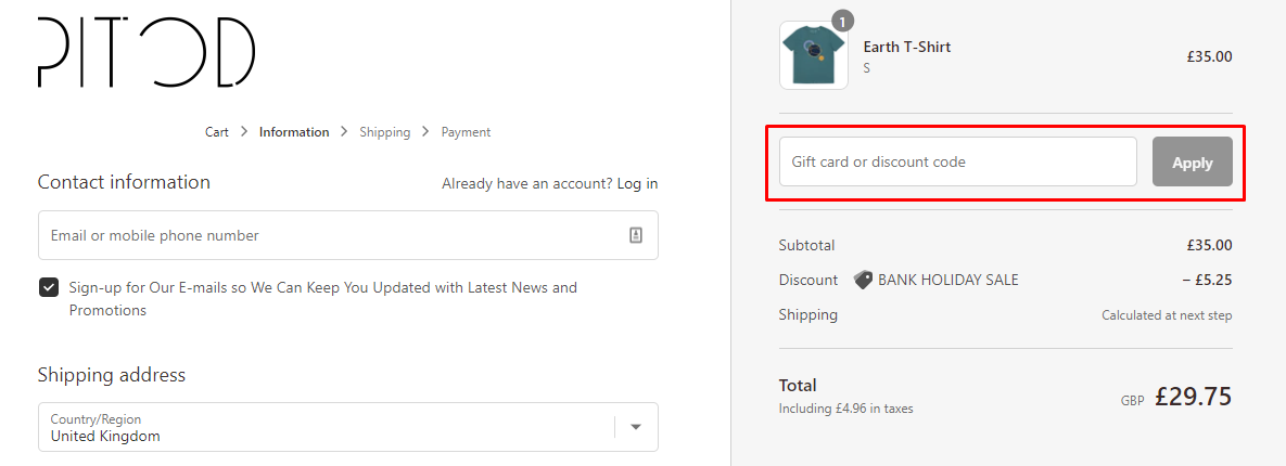 How do I use my Pitod discount code?