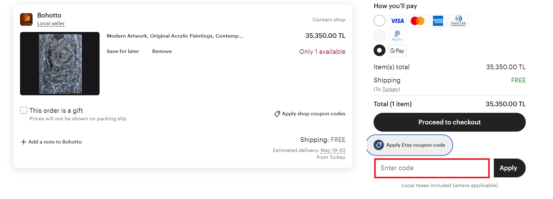Etsy kupon kodunun nereye ekleneceğinin kırmızı bir kutu ile vurgulandığı marka ödeme sayfası