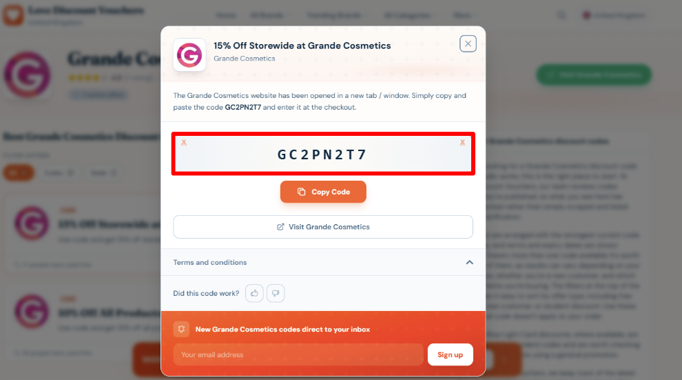 Copy your code and vist Grande Cosmetics website