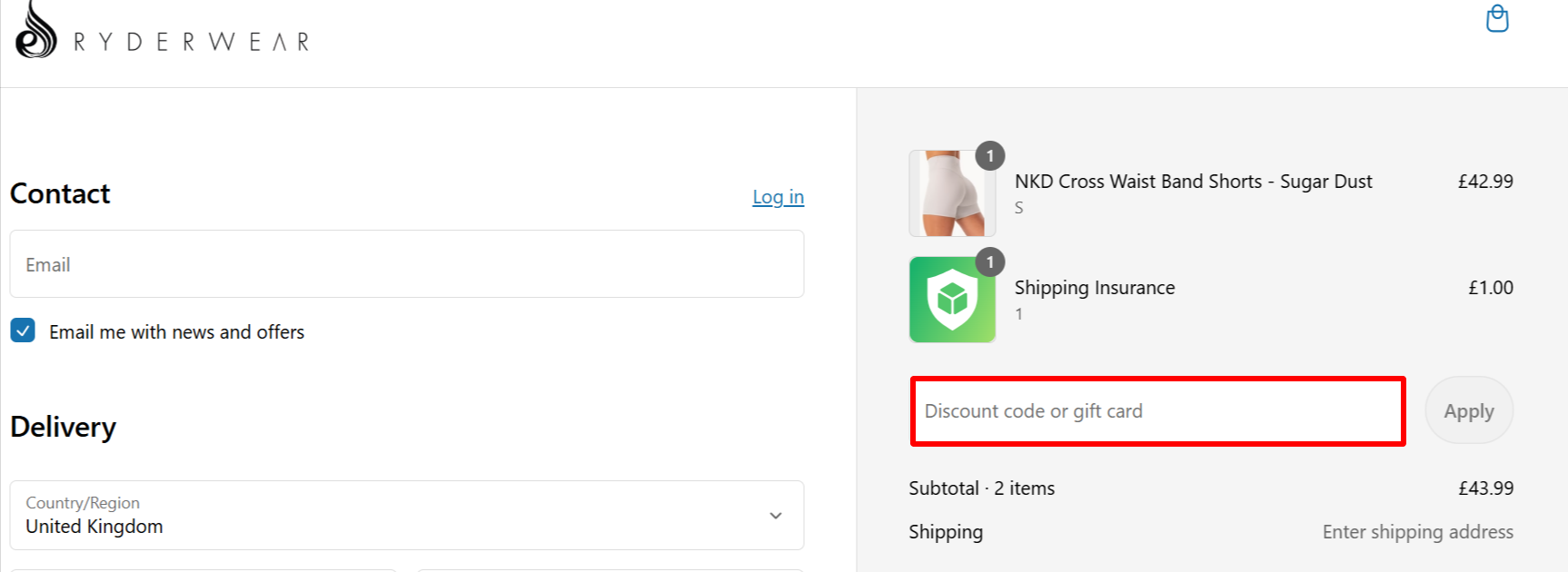 The checkout page showing where to apply your Ryderwear voucher code