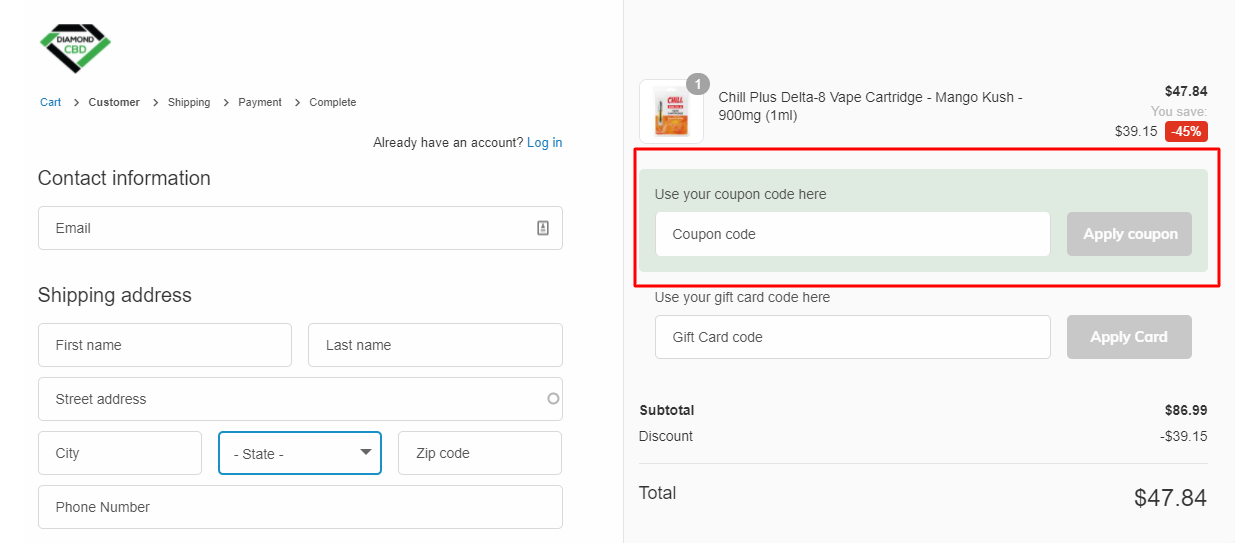 How do I use my DIAMOND CBD coupon code?