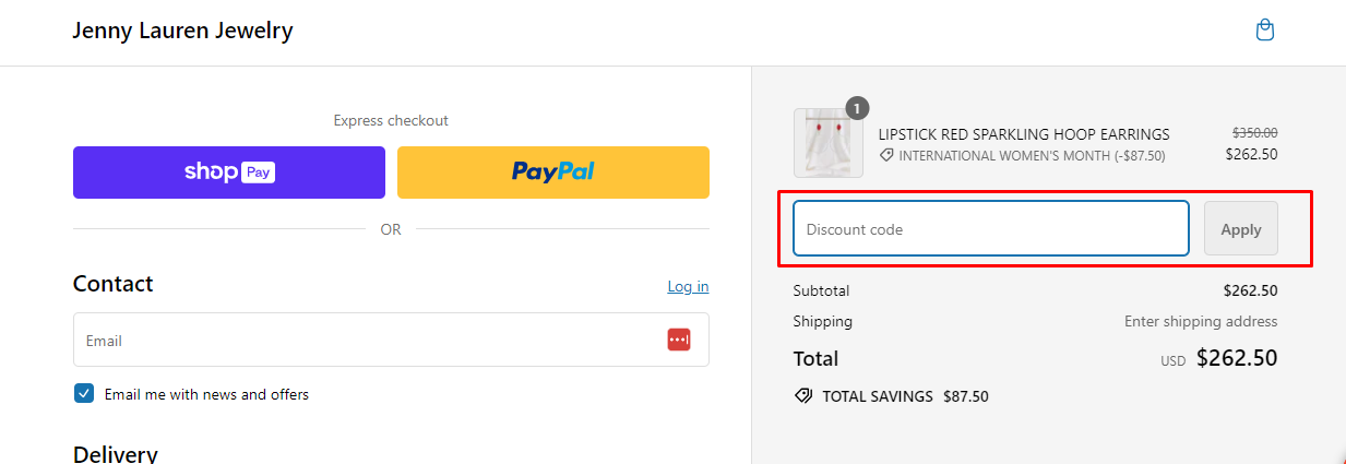 How do I use my Jenny Lauren Jewelry coupon code?
